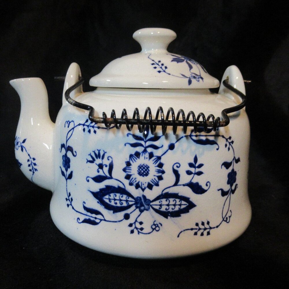 Vintage Blue Onion Ceramic Teapot White and Blue Floral with Wire Handle